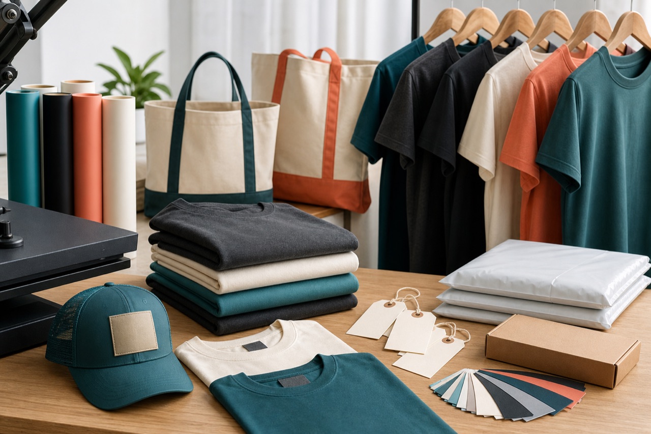 Boutique apparel drop with shirts, sweatshirts, totes, and heat transfer vinyl