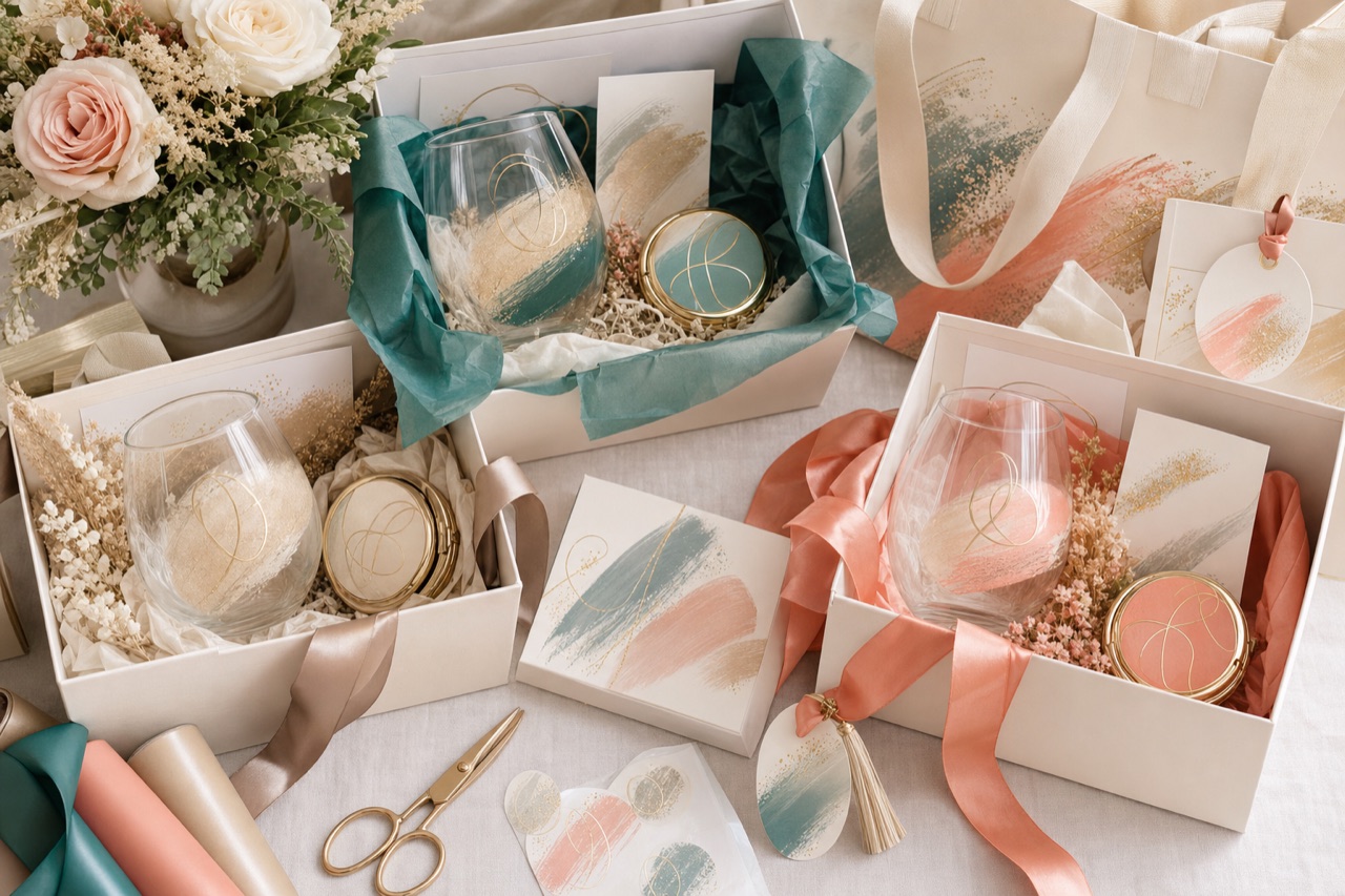 Bridal party proposal gift boxes with glassware totes mirrors and ribbons