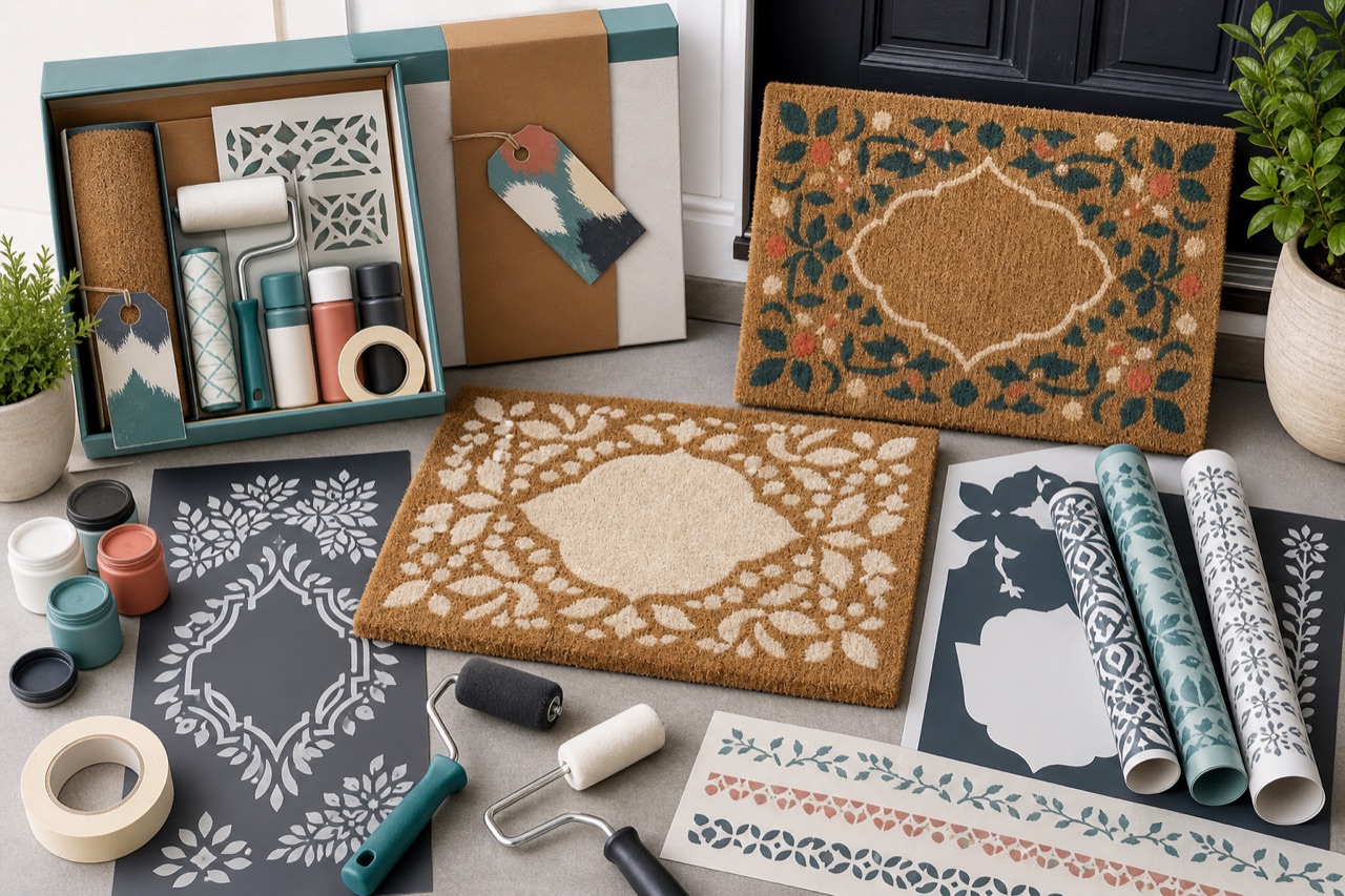 Custom doormat stencil craft kit with coir mats outdoor paint and vinyl stencil