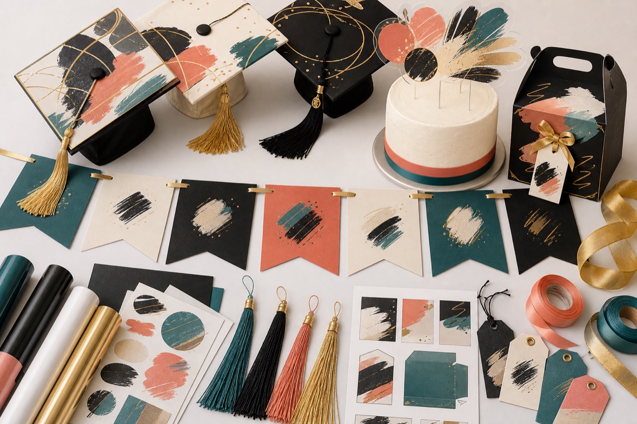 Graduation party craft bundle with cap toppers banners favor boxes and cake topper