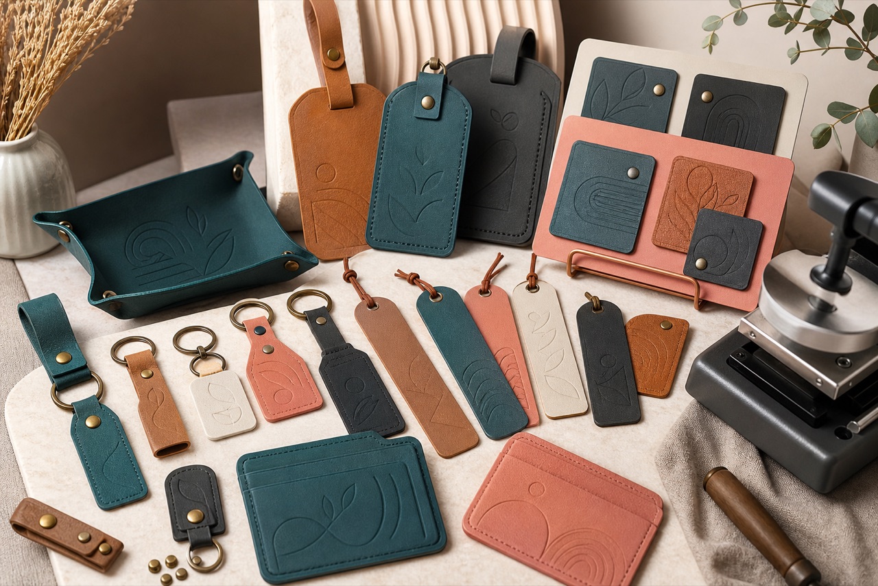 Leatherette key fobs tags and desk gifts with hardware and packaging