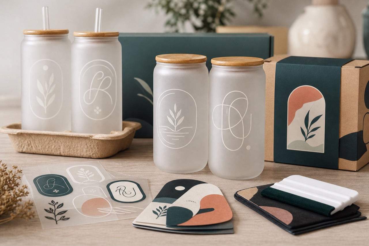 Logo-inspired monogram glassware gift sets with frosted cups