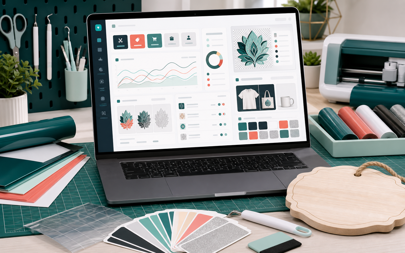 ProjectCraft Pro dashboard mockup with SVG tools, pricing cards, vinyl rolls, and a craft cutting machine